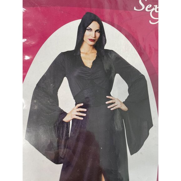 Sexy Sorceress Costume One Size PMG Halloween Hooded Robe Waist Tie Black NEW - Picture 4 of 8